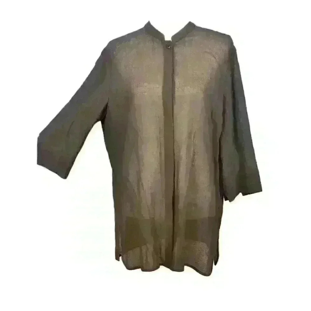ELLEN TRACY (2) Womans SHEER Shirt TUNIC BLOUSE Top MANDARIN Collar size Lg